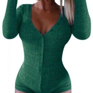 Green Long Sleeve Stretchy Sexy Short Onesie Pajamas For Adult Women